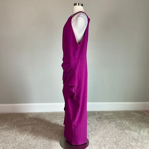 Fuchsia Pink Beaded Halter Evening Gown Size 6 SLNY Sleeveless Cut Out Dress - Picture 4 of 11